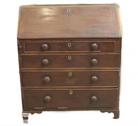 A George III mahogany bureau, with fall flap resting on lopers, revealing a fitted interior with marquetry centre door, column secret compartments, pigeon holes and shelves, resting on lopers, over four graduated cock beaded drawers, with knob handles and