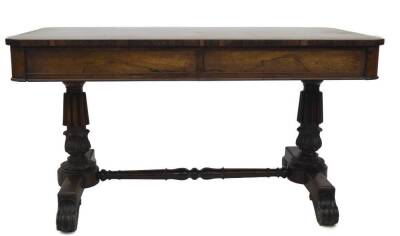 An early 19thC rosewood library table, with rounded rectangular top and two frieze drawers, one having the label MANUFACTURED BY J FLOOD, Cabinet, Chair, Sofa, and Dinning Table, MAKER AFTER NO 11 CHARLES ST MIDDLESEX HOSPITAL LONDON, Every Article Manufa