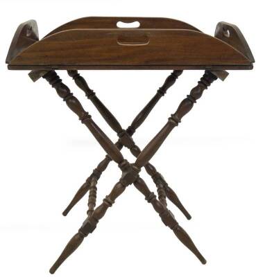 A 19thC mahogany butler's tray, of traditional form, and folding turned stand, 70cm x 57cm.