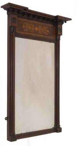 A Regency mahogany pier glass by Hobster of Boston, having an inverted breakfront and ball decorated pediment, satin wood marquetry arabesque panel with rosewood crossbanding, roundel and reeded decoration and cluster columns with ebonised rings, 82cm x 5