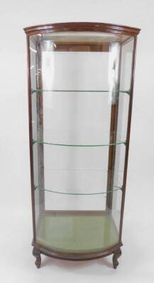 A Victorian mahogany framed bowfront glazed shop display case, with shallow moulded cornice and glazed side panels and rear door, with three glass shelves, on dwarf cabriole legs, 86cm L, 75cm W. - 2