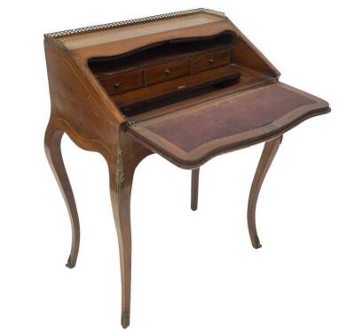 A 19thC rosewood marquetry bureau de dame, with galleried top and fall flap having a floral marquetry panel in satinwood and harewood, revealing a three drawer interior with well, shaped apron on square cabriole legs with gilt metal mounts, 92cm H, 74cm W - 4