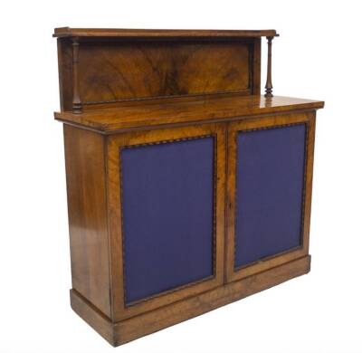 A Victorian figured walnut chiffonier, with shelved and moulded back, with ring turned taper supports, two moulded panelled doors with baize covers, plinth base, 92cm H, 120cm W, 46cm D. - 2