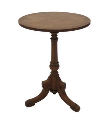 A Victorian walnut wine table, with burr walnut veneered top, baluster turned stem and square channeled sabre legs with scroll feet, the support stamped C HINDLEY & SONS, 184 Oxford St, LONDON,