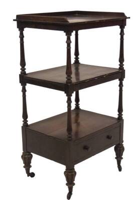 A William IV rosewood whatnot, with tray top and three levels divided by turned balusters, and single drawer stamped JAMES WINTER, 101 WARDOUR STREET, (London), on reeded inverted baluster legs with brass cup castors, 93cm H, 51cm W, 38cm D. - 2