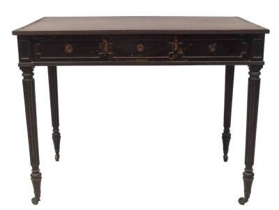 A Regency mahogany writing table in the manner of Gillows, with reeded top, frieze drawer arrangement with moulded fronts, on reeded taper legs, with brass cup castors, 77cm H, 99cm W, 61cm D.