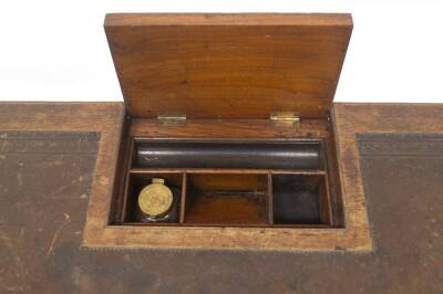 A late 19thC American walnut chamber or writing table by Gillows of Lancaster, having leatherette moulded top with lift compatment for pen tray and ink wells, over two frieze drawers, one stamped GILLOW & CO, LANCASTER, each with aesthetic brass loop hand - 4