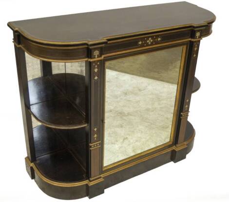 A fine Victorian dining room side cabinet in the manner of Jackson & Graham, having string inlaid and parcel gilt ormolu moulded top, ivory and boxwood inlaid frieze and uprights, rounded ends with shelves and central mirrored door, with a mahogany adjus