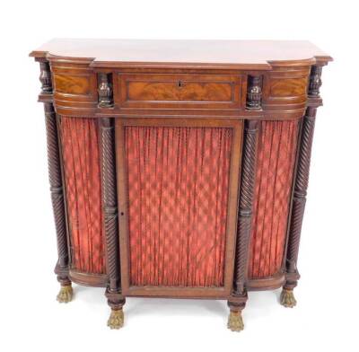 A Regency flame mahogany side cabinet in the manner of Gillows, the bowed breakfront fitted with a frieze drawer and central cupboard within tapered fluted columns and incorporating a single door with pleated curtain and wire lattice over, repeated to the - 3