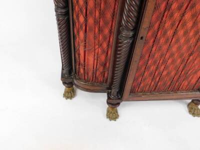 A Regency flame mahogany side cabinet in the manner of Gillows, the bowed breakfront fitted with a frieze drawer and central cupboard within tapered fluted columns and incorporating a single door with pleated curtain and wire lattice over, repeated to the - 6