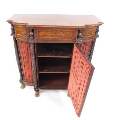 A Regency flame mahogany side cabinet in the manner of Gillows, the bowed breakfront fitted with a frieze drawer and central cupboard within tapered fluted columns and incorporating a single door with pleated curtain and wire lattice over, repeated to the - 7