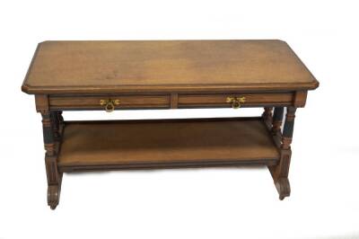 A Victorian figured oak library table by Lamb of Manchester, having moulded top, over two frieze drawers with ebonised channeling, the right hand impressed Lamb Manchester 1500, with under shelf and enclosed by part ebonised reeded tapered supports, with - 2