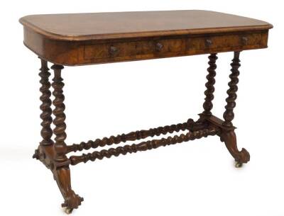 A Victorian walnut side table, with burr and moulded quarter veneer top, two frieze drawers with turned knob handles, on double barleytwist supports and similar stretchers, slab ends, with scroll feet on castors, 72cm H, 107cm W, 56cm D.