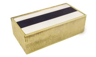 Adrian Gerald Benney (1930-2008). A Elizabeth II silver gilt and enamelled table jewellery casket, the lid with two bands of white enamel and a central stripe of blue striated enamel, with piano hinge, the sides having textured bark finish and the interio