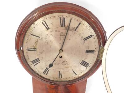 A mid 19thC drop dial wall clock by Dutton of London, with eight day single fusee movement, in a flame mahogany case, and with silvered dial having Roman numerals and inscribed Dutton, Fleet Street, below a crowned VR cypher and dated 1854, the side of th - 6