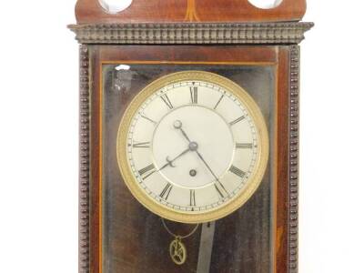 A small Biedermeier style Vienna wall clock, with silvered circular dial having Roman numerals and blued steel hands, dead-beat escapement, the slender glazed mahogany case of plain design with arched scrolling pediment and beaded moulded borders, 60cm H. - 2