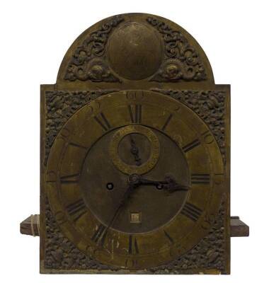 An 18thC longcase eight day longcase clock movement, with brass dial with cast urn and dolphin spandrels, with roundel to the arch, marked Wm. Jones London, the chapter ring having Roman hour and Arabic minute numerals, subsidiary seconds ring and date cr