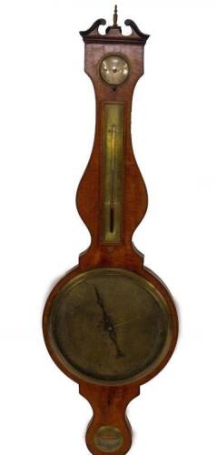 A George III satin wood wheel barometer, with swan neck pediment with urn finial, silvered hygrometer over thermometer, 25cm dial over level marked Bonchetti Manchester, 103cm H.