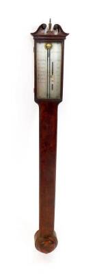 A George III stick barometer by Dollond of London, in a flame mahogany case with broken arched pediment and fine mouldings, with engraved steel barometric scales within a glazed case, 99cm H.