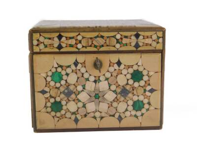 A 19thC Bohemian specimen marble pietra dura box, possibly Karlsbad, of rectangular form, decorated with panels of geometric and floral motifs, with malachite roundels and rosewood trim, with key, 14.5cm H, 18cm W, 14.5cm D. - 2