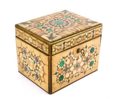 A 19thC Bohemian specimen marble pietra dura box, possibly Karlsbad, of rectangular form, decorated with panels of geometric and floral motifs, with malachite roundels and rosewood trim, with key, 14.5cm H, 18cm W, 14.5cm D. - 3