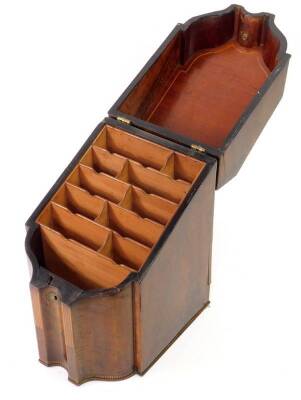 An unusual George III figured mahogany knife box, with serpentine front and cross banded borders now with cedar wood stationery compartment within, 37cm H. - 5