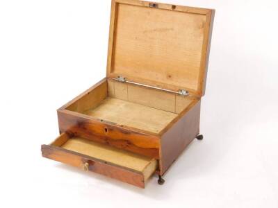 A 19thC yew wood and parquetry work box, the hinged lid with specimen inlays, lacking interior fittings, and with a drawer below, and raised upon brass ball and claw feet, 21.5cm H, 16cm W, 11.5cm D. - 3