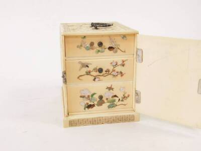 A Japanese Meiji period ivory and Shibayama miniature kodansu, of rectangular section carved with panels of figures, with white metal carrying handle and hinged door, opening to reveal three graduated drawers inlaid with a bird, insects and blossom in har - 8