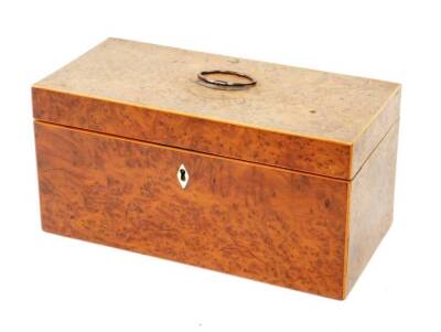 A George III burr yew tea caddy, of plain rectangular design, the hinged lid opening to reveal two original tea boxes and fitted bowl receiver, 30cm H, 15cm W, 15cm D.