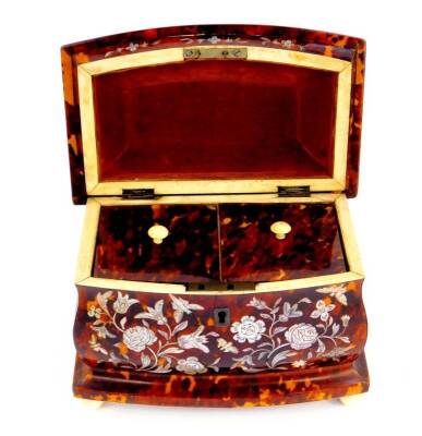 A Regency tortoiseshell tea caddy, of bombe form, decorated in mother of pearl inlay with roses and insects, the hinged lid opening to reveal twin lidded compartments, raised on ivory ball feet, 15cm H, 19cm W, 12cm D. - 3