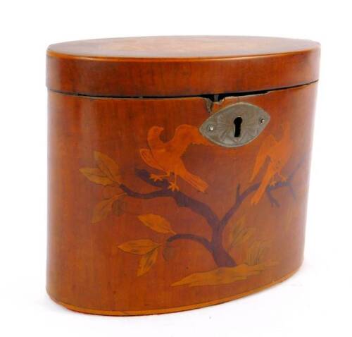 A George III satinwood oval tea caddy, the hinged lid with inlaid shell paterae, opening to reveal a single compartment, the box inlaid with birds perched on the branches of a tree, 11cm H, 14,5cm W, 7.5cm D.