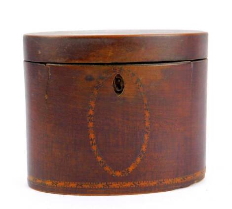 A George III mahogany oval tea caddy, with parquetry banding, the lid opening to reveal a single compartment, 11.5cm H, 14cm W, 8cm D.