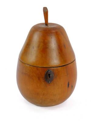 A George III style fruitwood pear shape tea caddy, with stalk handle and iron key escutcheon, 18.5cm H.