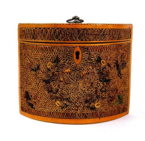 A George III scrolled paperwork tea caddy of navette form, with boxwood banding, the hinged lid with metal ring handle, opening to reveal a single compartment with inner lid, the box with panels of floral decoration, 13cm H, 15cm W, 8cm D. Provenance: Th