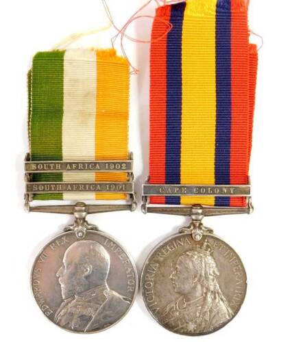 A Queen Victoria South Africa Medal, with Cape Colony clasp and Edward VII South Africa Medal with South Africa clasp 1901 and 1902, inscribed to 848 Buglar W. C. Shafto Durham, Light Infantry.