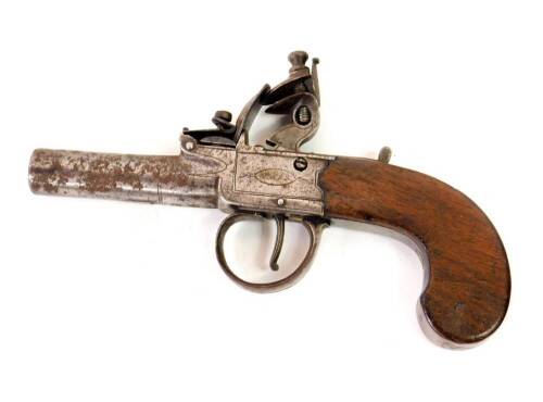 An early 19thC flintlock pistol by Bass of London, with plain walnut handle, 17cm..