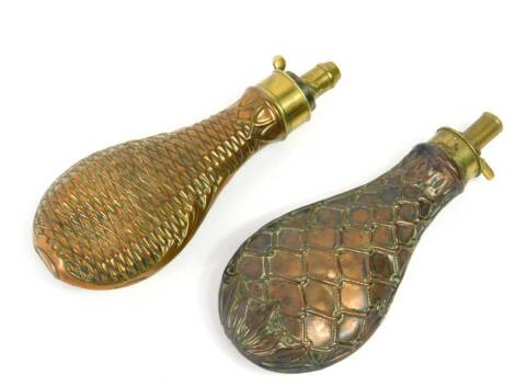 Two 19thC copper and brass powder flasks, one of basket weave design by Hawksley, and the other of netting design.