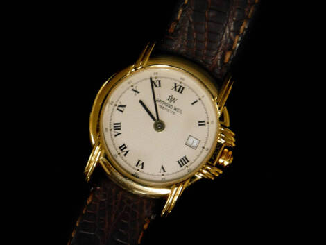 A Raymond Weil ladies wristwatch, with circular watch head, 2.5cm diameter dial, in 18ct gold electroplated casing, on a brown leather strap, with blue stone set to winder, case marked 9955 A372752, with Ernest Jones sales certificate, guarantee, sleeve a