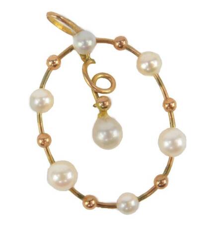 A cultured pearl pendant, of oval design set with varying sized cultured pearls, with single twist drop pendant to centre, yellow metal, unmarked, 5cm high.