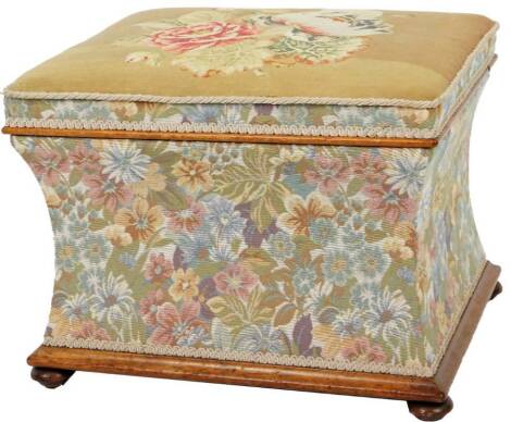 A 19thC mahogany framed embroidered box, with petit point floral top, on an inverted base with over run section, on compressed orb feet, 40cm H.