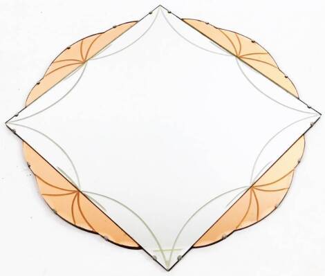 A mid 20thC Art Deco design mirror, in amber and clear glass, of shaped floral form, 77cm x 77cm.