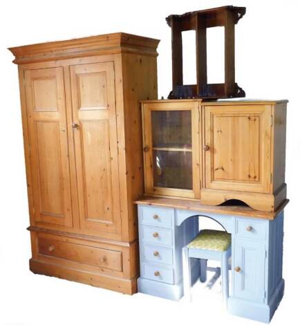 A 20thC stripped pine double wardrobe, 196cm H, 117cm W, 58cm D, and various associated pine bedroom furniture, painted dressing table, stool, pedestal cabinet, shelves, etc. (a quantity)