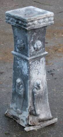 A 19thC Grand Tour style lead pedestal, of classical form, the square top on an inverted stem raised with Egyptian tomb carvings and floral roundels, 76cm H, top 21cm W, 21cm D.