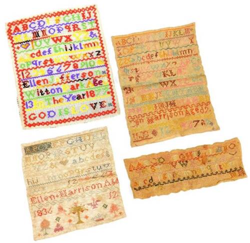 A William IV pictorial and alphabet sampler, by Ellen Harrison, dated 1836, 19cm x 19cm, another indistinctly dated by Elin Harrison and two others. (4)