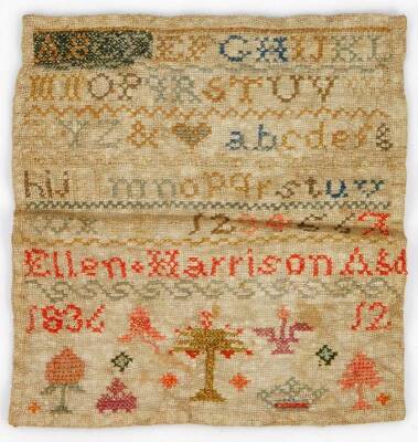 A William IV pictorial and alphabet sampler, by Ellen Harrison, dated 1836, 19cm x 19cm, another indistinctly dated by Elin Harrison and two others. (4) - 3