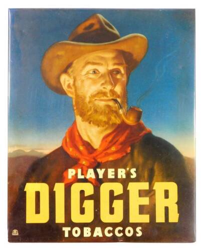 A mid 20thC tin Player's Digger Tobaccos advertising sign, a gentleman in hat smoking pipe, no.14932, in colours, 28cm x 22cm.