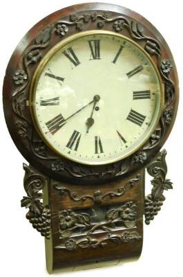 A 19thC mahogany drop dial wall clock, of large proportion, the 33cm Dia. Roman numeric dial fitted in a heavily carved case, fronting a fusee keywind movement, 80cm H.