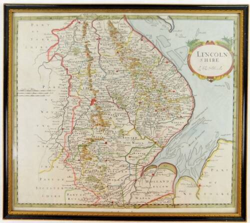 After Robert Morden. Map of Lincolnshire, picked out in colours, 38cm x 43cm, in a Hogarth frame.