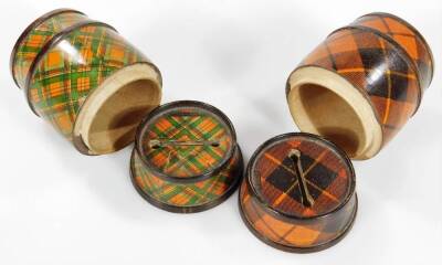 A late 19thC Tartan money box, of barrel form, 9cm H, another similar, a miniature Mauchline ware Exeter Cathedral salt box, and a ebonised hand mirror. (4) - 4