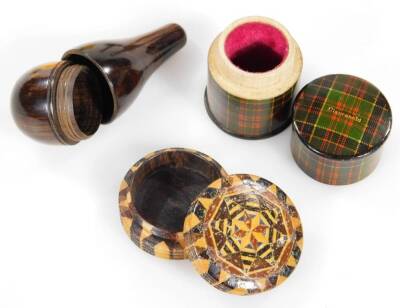 An early 20thC Cianranald Tartan thimble case, 4cm H, two small oak candlesticks, circular parquetry patch box with screw top, miniature egg, etc. (a quantity) - 3